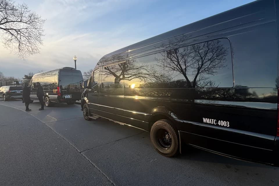 Sprinter vans at sunset serving Prince George's County wedding transport