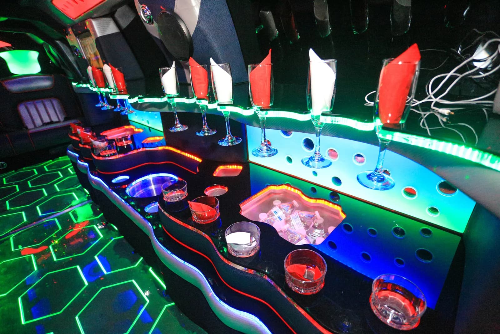 Stretch limousine interior for reception and after-party transfers