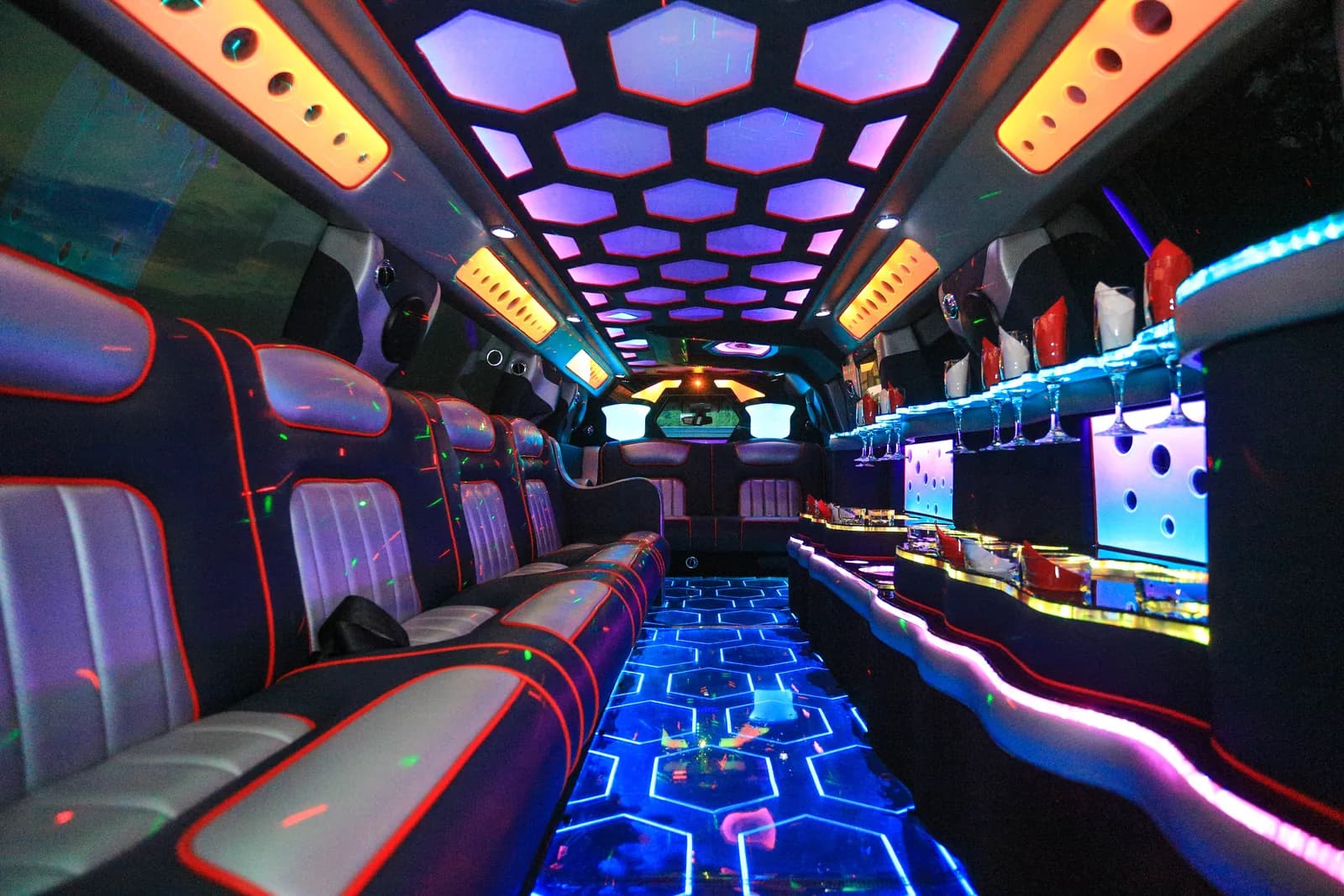 Stretch limo LED lounge interior for wedding celebration events