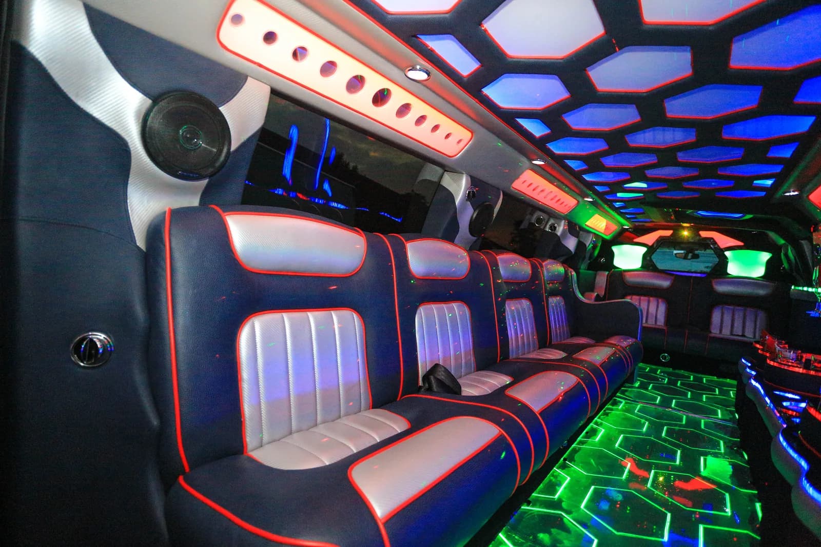 Plush stretch limousine seating for wedding and private event travel