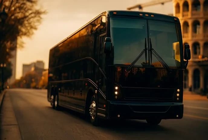 A black AZA coach on a city street at golden hour