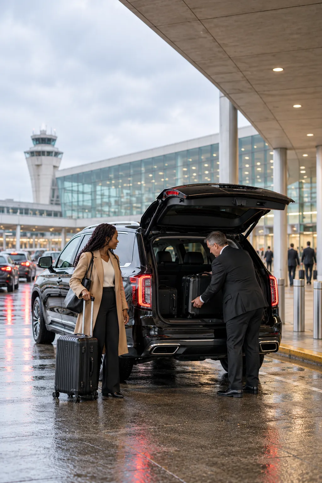 Illustrative traveler with a carry-on beside a black SUV while a chauffeur loads luggage at an airport curb
