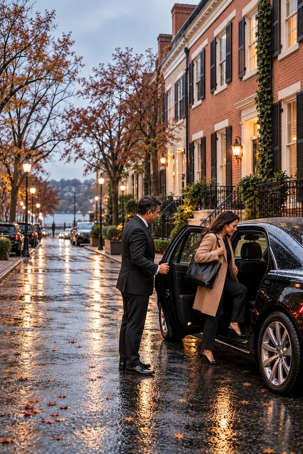 Illustrative chauffeur opening a black sedan door for a business traveler on a rain-darkened street