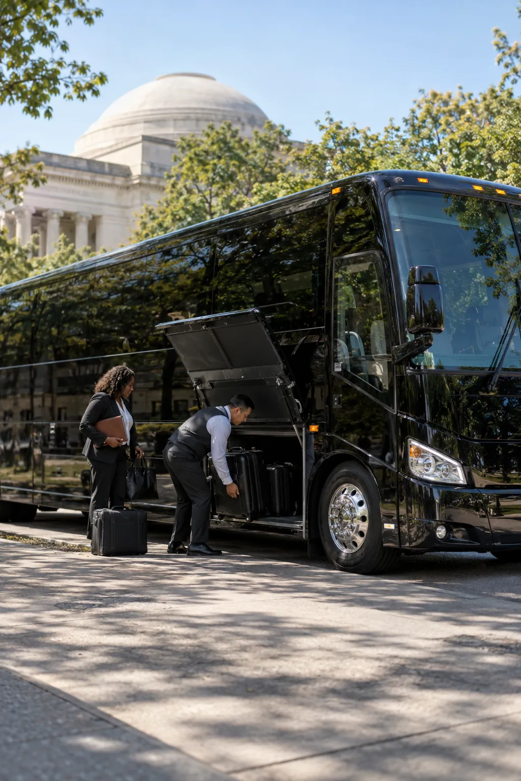 Illustrative trip organizers loading luggage into a black motorcoach at a leafy campus