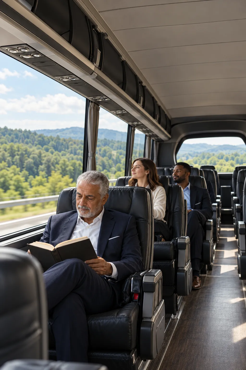 Illustrative passengers reading and relaxing inside a coach with countryside outside