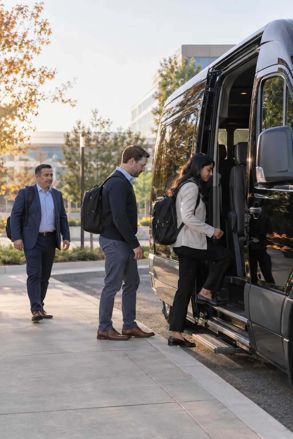 Illustrative commuters with backpacks boarding a black shuttle van at an office campus