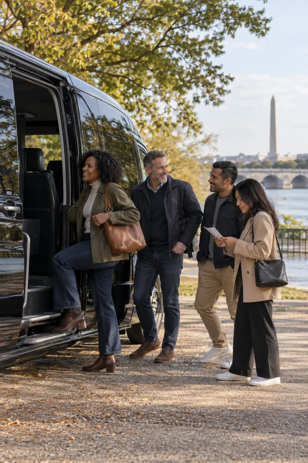 Illustrative friends gathering beside a black minibus for a riverside outing