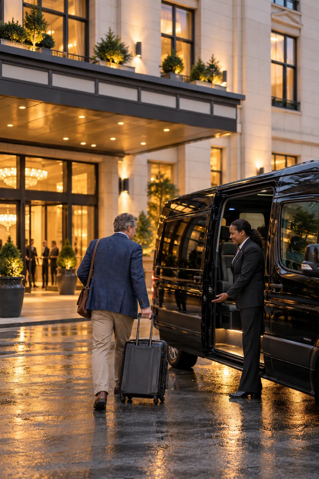 Illustrative hotel guest wheeling a suitcase toward a black shuttle and waiting chauffeur