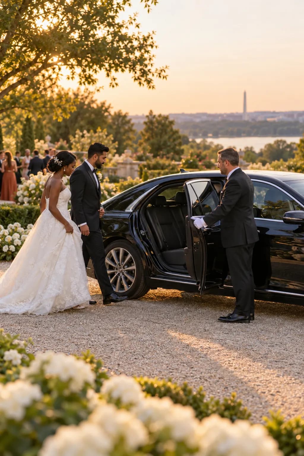 Illustrative newlyweds approaching an open chauffeured car door at a garden wedding